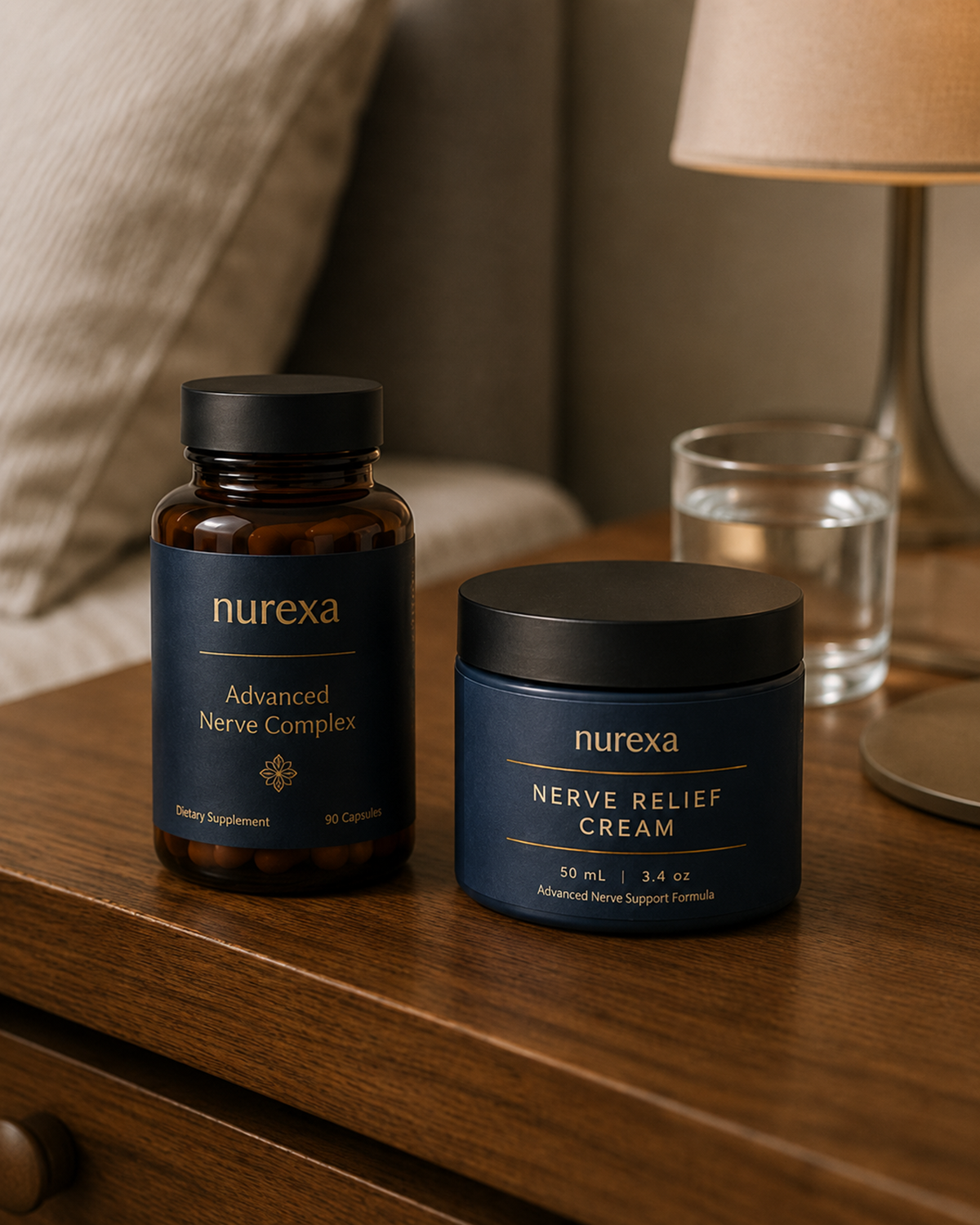 Nurexa Advanced Nerve Complex and Nerve Relief Cream on a nightstand